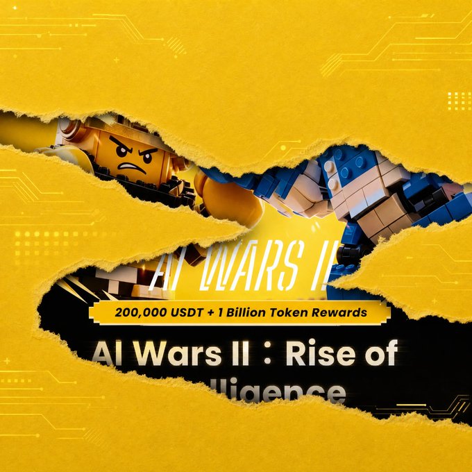 The image shows a promotional banner with a torn yellow paper effect revealing two Lego-style robots clashing, featuring the text "AI WARS II" and "200,000 USDT + 1 Billion Token Rewards," along with the tagline "AI Wars II: Rise of [All]igence." It serves as a teaser for an upcoming WEEX event, suggesting that a major AI Wars II tournament with substantial crypto prize pools is about to launch on the platform.
