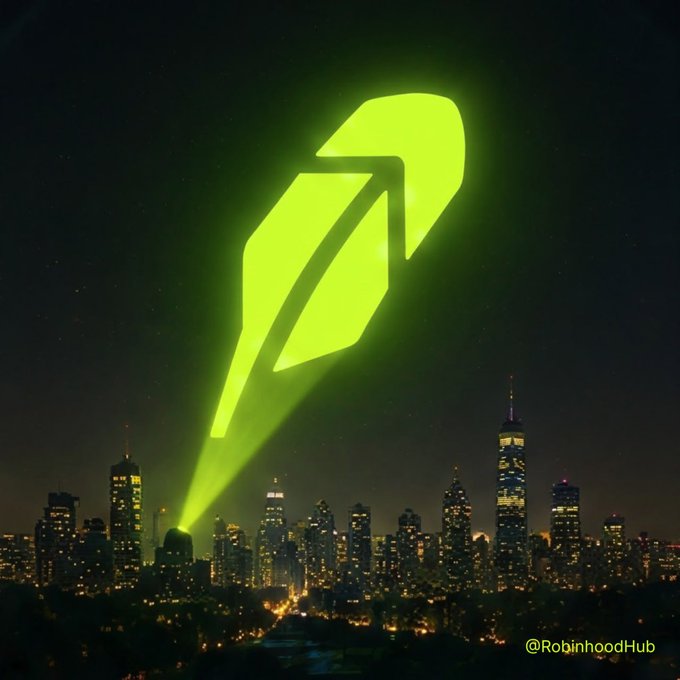 A massive glowing green Robinhood logo beams down from the night sky over a city skyline, with the watermark "@RobinhoodHub" in the corner, visually reinforcing the post's question about which stock ticker deserves the platform's spotlight.