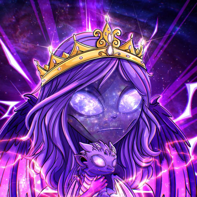 A regal cosmic queen with galaxy-filled eyes wears a golden crown and cradles a small dragon-like creature, set against a vibrant purple cosmic background—showcasing the stunning 1/1 custom NFT art by @LukisHobby shared via @MicrosNft and @NftswithDiz.
