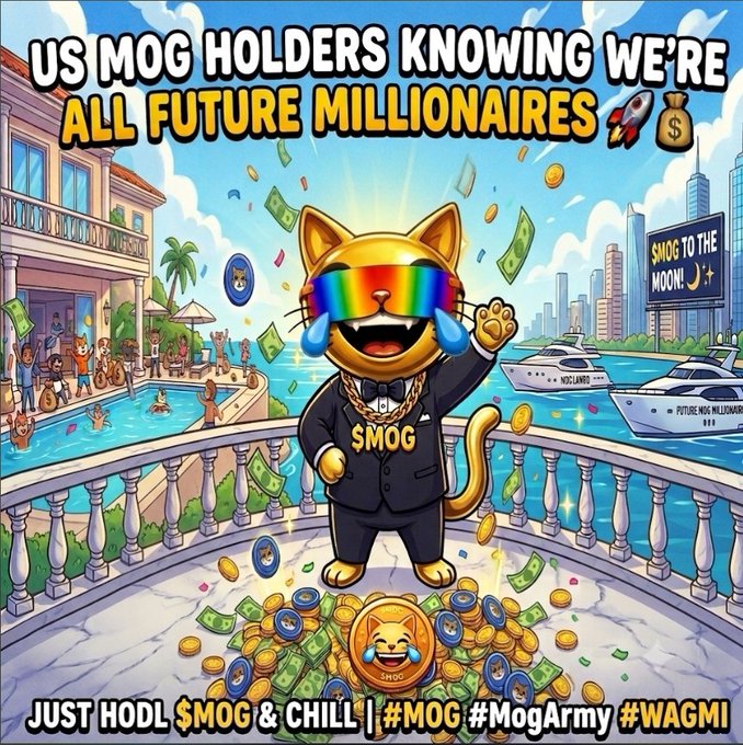 A colorful crypto meme image features a cat character in sunglasses and a suit standing on a pile of coins, with text reading 'US $MOG HOLDERS KNOWING WE'RE ALL FUTURE MILLIONAIRES' and 'JUST HODL $MOG & CHILL || #MOG #MogArmy #WAGMI'.