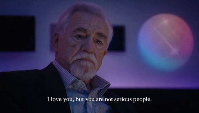 A distinguished older man with white hair and beard, wearing a striped shirt, looks directly at the camera with a serious expression in a purple-lit room featuring a disco ball. The caption reads "I love you, but you are not serious people," humorously suggesting that the subject finds the idea of moving Solana to the Base chain to be unreasonable or foolish.