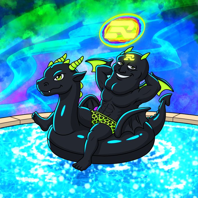 A colorful cartoon illustration of a muscular black dragon with green horns lounging in a swimming pool float, wearing leopard-print swim trunks, with a glowing yellow coin bearing an 'R' logo floating above its head against a blue-green background.