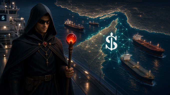 A digitally created image featuring a hooded figure in dark robes and sunglasses holding a staff with a glowing red orb, standing on a dock at night with a digital map showing dollar sign symbols and various ships in the water behind him.
