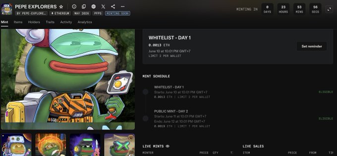 The image shows a screenshot of a computer screen displaying a webpage with a cartoon character, likely a frog or a green monster, wearing a hat and holding an egg. The text on the page indicates that there are two new schedules available for viewing, one being "WHEELIST-DAY 1" and another being "NEWEST SCENARIO". The post also mentions that Pepe Explorers Mint is going to be released soon.

The image does not provide any information about a person's name or the specific content of the webpage. However, it seems like there might be some sort of event or release related to Pepe Explorers Mint and the new schedules being advertised on the website.