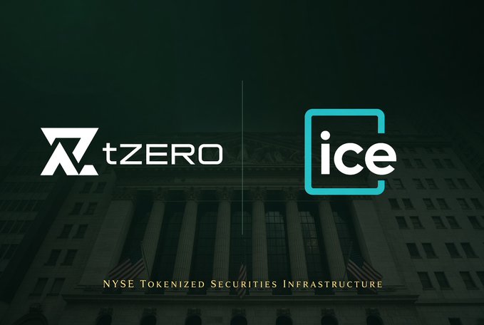 A promotional banner showing the logos of tZERO and ICE side by side, with text 'NYSE Tokenized Securities Infrastructure' over an image of the New York Stock Exchange building.