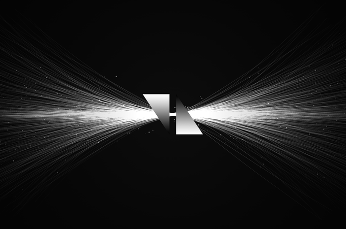 Stylized geometric logo featuring a triangular prism shape with white light rays spreading horizontally across a black background.