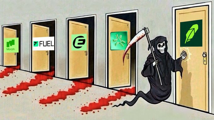 Cartoon illustration depicting the Grim Reaper knocking on a door marked with the Robinhood logo, while behind it lie four other doors labeled with crypto/finance brands (Morph, FUEL, Enjin) trailed by blood.