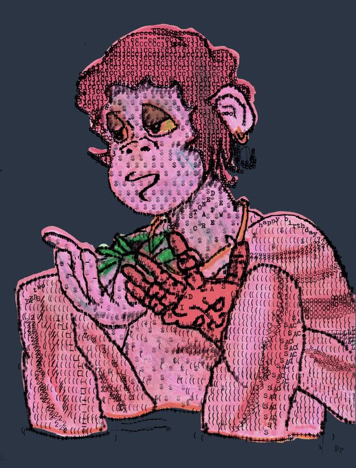 A textured, dotted-style digital artwork of a person with brown hair wearing a pink garment, holding and eating green grapes.