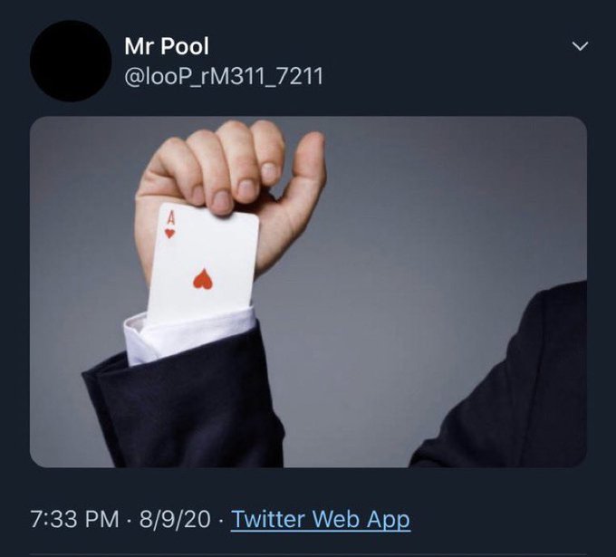 The image shows a hand pulling the Ace of Hearts from a suit sleeve, with a Twitter post from "Mr Pool @looP_rM311_7211" timestamped 7:33 PM · 8/9/20. The visual metaphor of a hidden card being revealed from a sleeve relates to the accompanying caption's suggestion that XRP is secretly "up the sleeve" of US legislation if the Clarity Act fails.