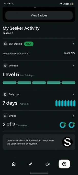 A mobile app screen titled 'My Seeker Activity' shows Season 2 stats, including SKR Staking at 15.5% APY, Level 5 status, and 7 days of daily use.