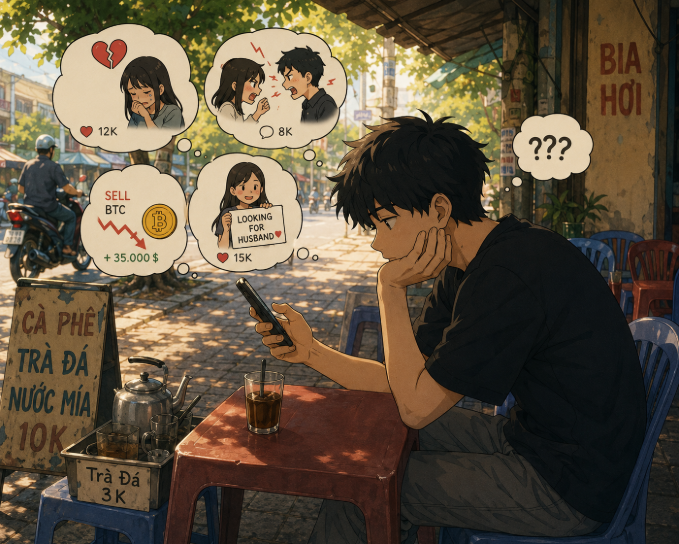 An anime-style illustration of a young man sitting at a Vietnamese street café looking confused at his phone, with thought bubbles showing dating app notifications, a 'SELL BTC' alert at $35,000, and a 'LOOKING FOR HUSBAND' post.