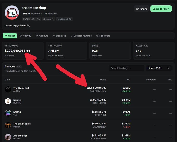 The image shows a wallet tracker dashboard for user "ansemconzmp" displaying a total wallet value of $209,940,968.54, with the top holding being "The Black Bull" (ANSEM) at $205,520,845.03, alongside other coins like NORMIE ($1,027,120.82) and Solana (SOL). The Turkish caption highlights that ANSEM's total distributed supply has grown to 69.74M tokens (about 6.97% of total supply) worth 19.71M, while the screenshot illustrates the massive valuation scale this creator's memecoin ecosystem has reached on-chain.