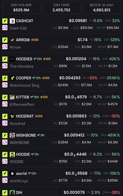 A cryptocurrency tracking dashboard showing 24H Volume ($525.9M), 24H TXNS (2,455,752), and Block 3s Ago (4,883,813), with meme coins listed including CASHCAT, ARROW, HOODIES, COOPER, and KITTEN.