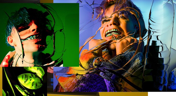 A vibrant digital artwork collage featuring a character with visible teeth and what appears to be wires or tubes extending from their mouth, set against green, blue, and yellow backgrounds.