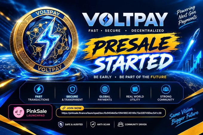 A crypto advertisement banner for 'VOLTPAY' announcing 'PRESALE STARTED', highlighting features like 'FAST TRANSACTIONS' and 'SECURE & TRANSPARENT', with a PinkSale Launchpad link.