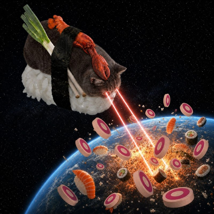 A giant sushi-shaped cat shoots laser beams from its eyes at Earth from space, causing explosions on the planet's surface amid flying sushi pieces.