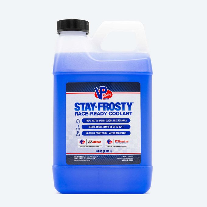 A jug of VP Racing "Stay Frosty" race-ready coolant (64 fl oz / 1.892 L), shown in blue, advertises a 100% water-based glycol-free formula that reduces engine temps by up to 30°F and offers no-freeze protection, fitting the "Race ready" theme of the post.
