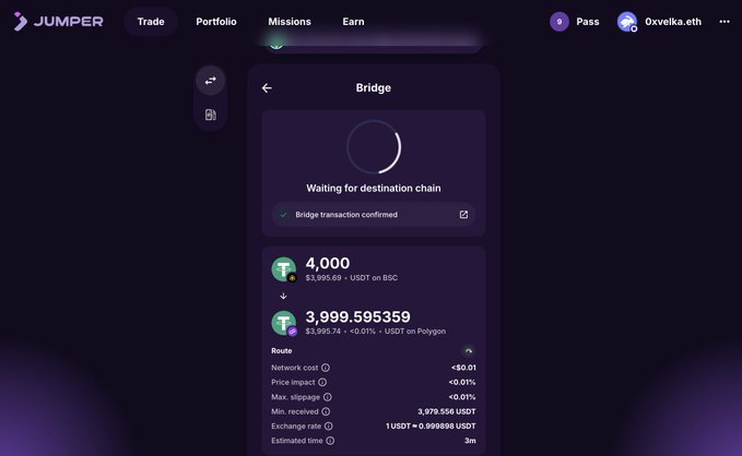 The image shows a screenshot from the Jumper app's progress bar for a cryptocurrency transfer. The screen displays an alert stating that the funds have not yet arrived at the destination and there is no progress on the transfer. The message indicates that the user may need to wait 24 hours before receiving their funds, which was confirmed by the app. The source of this information is @CelerNetwork, as suggested by the text in the image. This delay might be due to various reasons such as transaction processing time or network congestion.