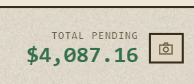 A minimalist graphic displaying 'TOTAL PENDING $4,087.16' next to a camera icon on a beige background.