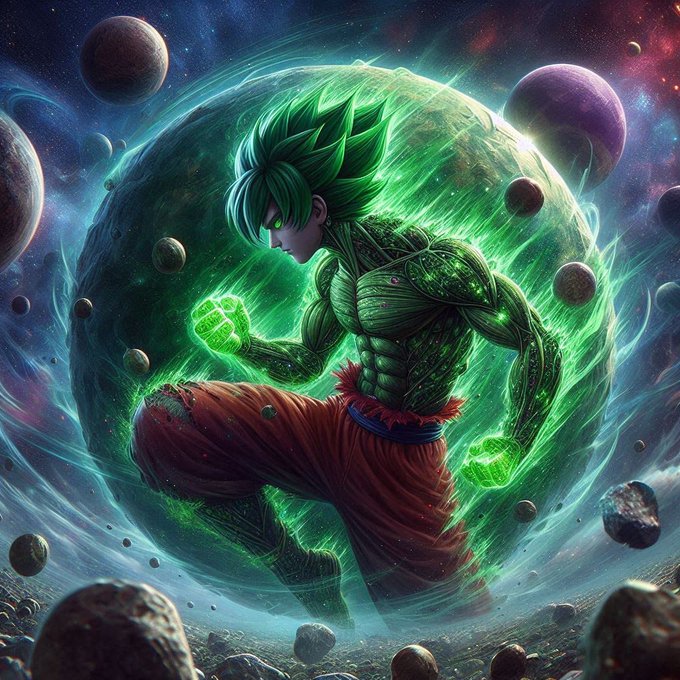 A dramatic anime-style digital artwork depicts a muscular warrior with spiky green hair and a glowing green aura, kneeling in a powerful pose amidst floating planets, asteroids, and a cosmic green energy sphere.