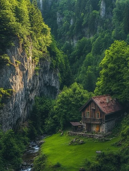 The image features an old wooden house nestled in a lush green forest. The house has a red roof and sits at the bottom of a steep hill, surrounded by trees and vegetation. A small stream runs through the property, adding to its charm. The scene is captured from above, providing a bird's eye view of the house and its surroundings.