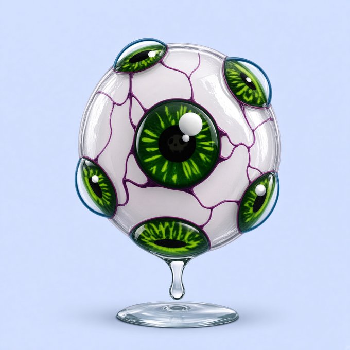 A surreal, surrealistic 3D render of a transparent spherical vessel on a glass stand, filled with multiple large green eyeballs connected by purple vein-like structures.
