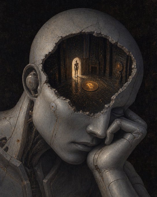 A stone android rests in thought with its head opened, revealing a glowing chamber where a small figure stands before a luminous doorway—a visual metaphor for the post's theme, where the interior world of artificial cognition meets the preservation of value, mirroring the contrast between AI's abundant intelligence and Bitcoin's engineered scarcity.