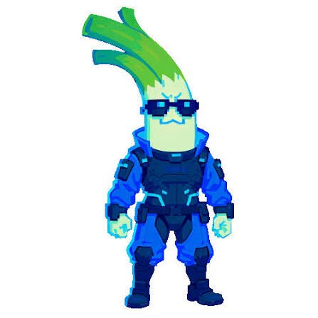 Pixel art character of an anthropomorphic leek or green onion wearing sunglasses and a blue tactical combat outfit with armored vest and boots.