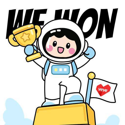A cartoon sticker of an astronaut holding a trophy with the text 'WE WON' above and a 'veve' flag on the side.