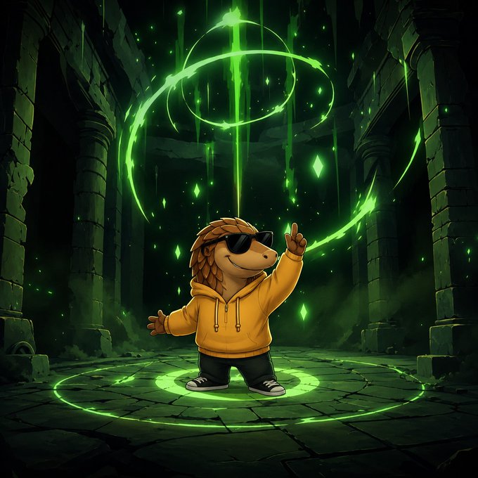 An armadillo character in sunglasses and a yellow hoodie stands at the center of a glowing green magical circle within ancient stone ruins, raising one hand triumphantly. The scene visually reinforces the post's message about steady momentum—much like the armadillo confidently casting its spell, progress is achieved through focused, deliberate action taken one step at a time.