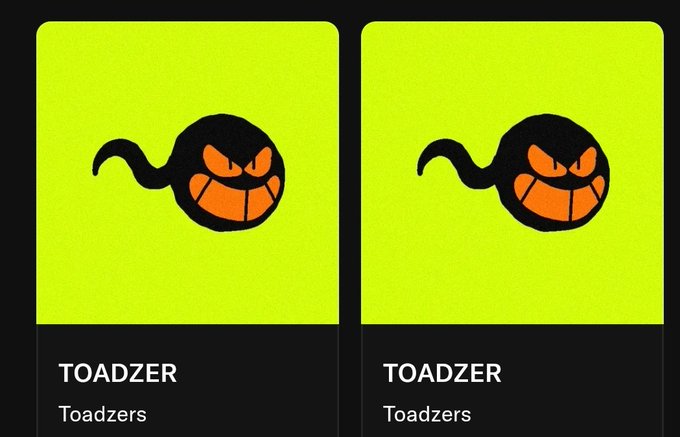 Two identical yellow/black NFT cards labeled 'TOADZER' from the 'Toadzers' collection, featuring an orange jack-o'-lantern character with a tail.
