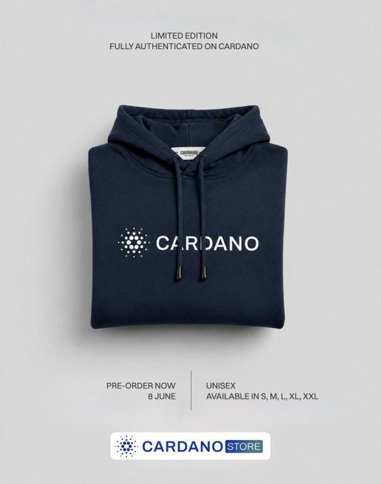 The image features a black hoodie with the word "Cardano" written across its front. There's an advertisement for this hoodie, highlighting that it's an unisex, organic cotton sweatshirt made by Cardano and available as either a full-sized or a half-sleeve option. The photo also displays a website where you can pre-order the hoodie and is set against a white background with the word "Cardano" displayed in blue text.