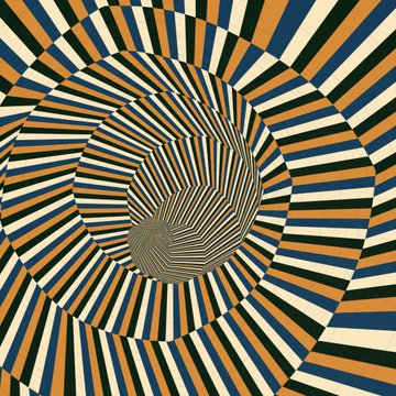 The image features a spiral pattern with alternating colors of blue, orange, and white stripes. The pattern appears to be a digital art piece or an abstract painting, possibly created using a computer program like Photoshop. The image has been posted on social media at 11AM-12PM ET, as indicated by the caption "Meditations in Color goes live in less than 12 hours on @SuperRare".