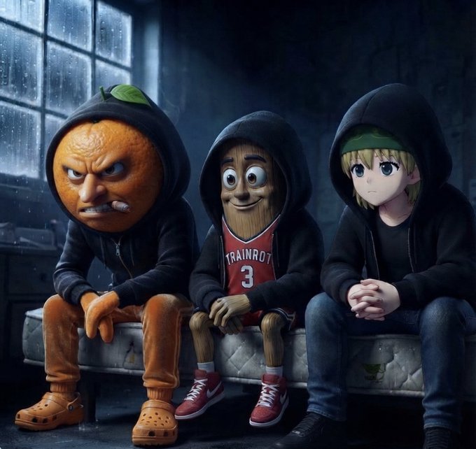 Three hooded figures—an anthropomorphic orange with an angry scowl, a wide-eyed wooden character wearing a "TRAINROT 3" jersey, and a blonde anime-style character—sit together on a worn mattress in a dimly lit room, embodying the post's "three faces, one mission" of outlasting everyone through billion-dollar conviction in $Udin and $TripleT.