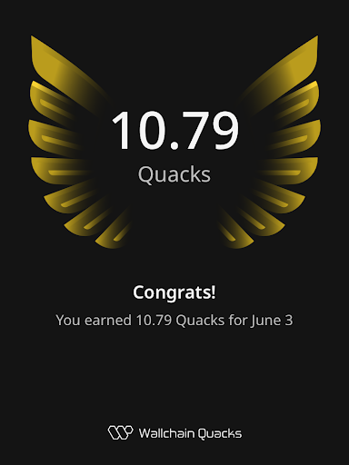 The image shows a scoreboard celebrating the completion of a 4-day streak for a user at Wallchain Quacks. The user has earned exactly four Quacks from the website within the last 24 hours, as evidenced by the impressive feat. The scoreboard indicates that the user's achievements have been recognized with the word "congrats!" displayed above their name and the number 10.79 below them. This highlights a significant accomplishment for the user in terms of their dedication and consistency at Wallchain Quacks.