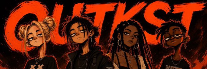 Digital artwork featuring four stylized characters with diverse appearances positioned below the large red graffiti-style text 'OUTKAST'.