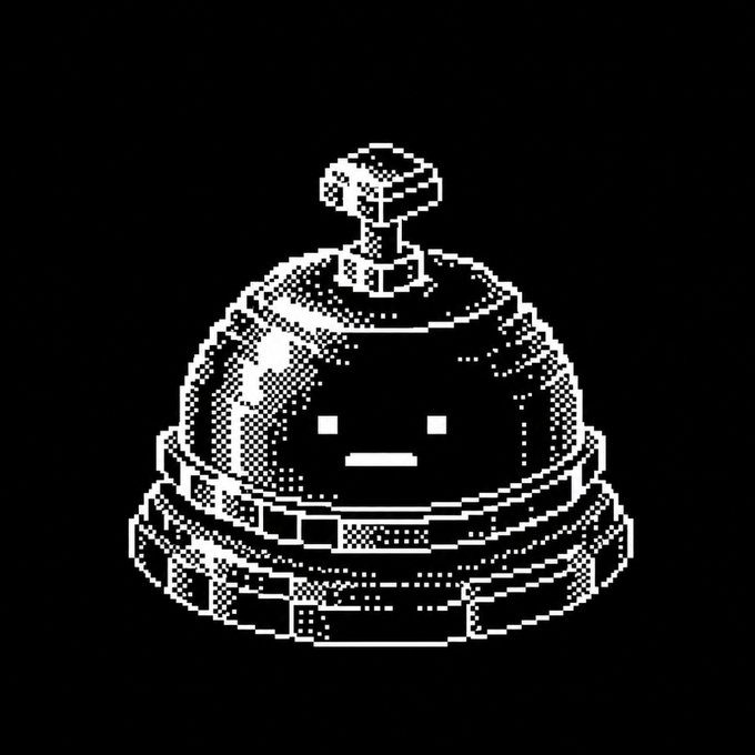 A pixel-art depiction of a service bell with a small face on its dome, rendered in black and white.