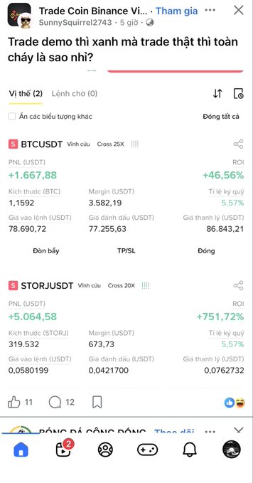 A Facebook post titled 'Trade Coin Binance Vi...' by user SunnySquirrel2743 showing trading results for BTCUSDT and STORJUSDT pairs, with PNL figures of +1,667.88 USDT and +5,064.58 USDT respectively, accompanied by Vietnamese text about demo versus real trading.