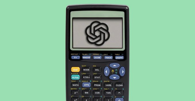 A graphing calculator displaying the ChatGPT logo on its screen, set against a solid mint green background.