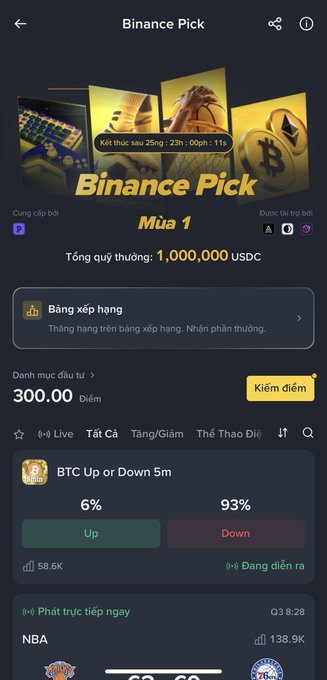 A Binance Pick mobile app screen in Vietnamese showing Season 1 with 1,000,000 USDC prize pool, user points of 300, and a 'BTC Up or Down 5m' prediction market with 6% Up vs 93% Down.