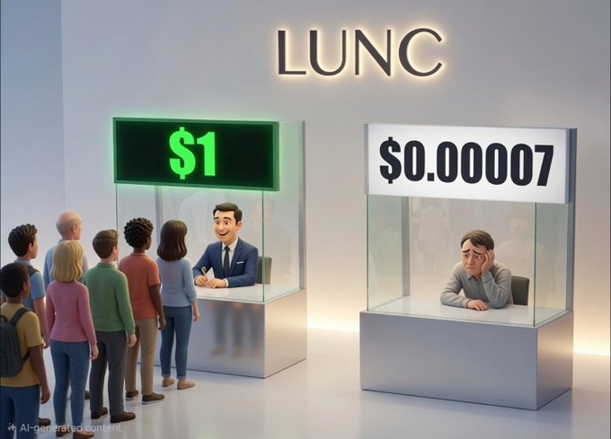 The image features a scene from an office or hotel lobby where people are lining up at two different cashiers located next to each other. The people at one of the cashiers appear to be frowning, while those waiting at the other cashier have smiles on their faces. This suggests that the customers may prefer dealing with this particular cashier due to a specific reason or preference. Furthermore, there is an advertisement for a product called "LUNC" in front of these cashiers, indicating that they are selling or promoting something related to this business.
