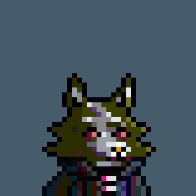 A small pixel art illustration on a gray background depicting a creature with horns, green and purple coloring, and a colorful patterned garment.