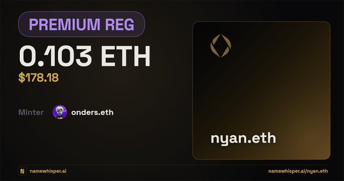 The image features a poster advertising a premium registration for Ether, which costs 0.10 ETH or $178.18. The poster indicates that this is an initial registration period when the highest bidder will receive the coin. A description of the coin includes its unique shape and color. Two people are present in the image - one person is seen to be holding the coin, while another person is described as "a ninja" or "biker". Additionally, there is a social media handle "@nanoeth" associated with the registration.