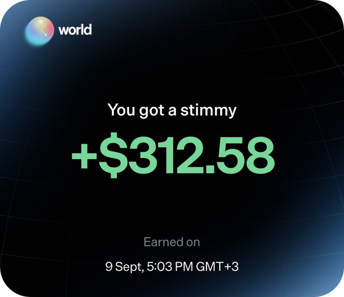 The image is a notification from World (world.xyz) showing a surprise airdrop reward of +$312.58 earned on 9 Sept, 5:03 PM GMT+3, as part of their unexpected token drop promotion for users who sign up and trade on Solana.