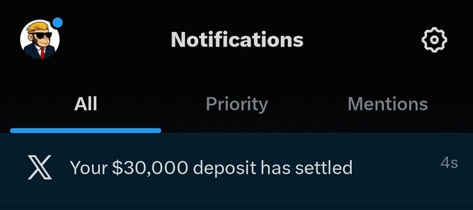 A notification from X displays "Your $30,000 deposit has settled," timestamped 4 seconds ago, under the "All" notifications tab. This visual supports the post's claim about earning 6% on holdings, illustrating how funds deposited through an alternative banking platform (referencing Elon Musk) have completed settling.