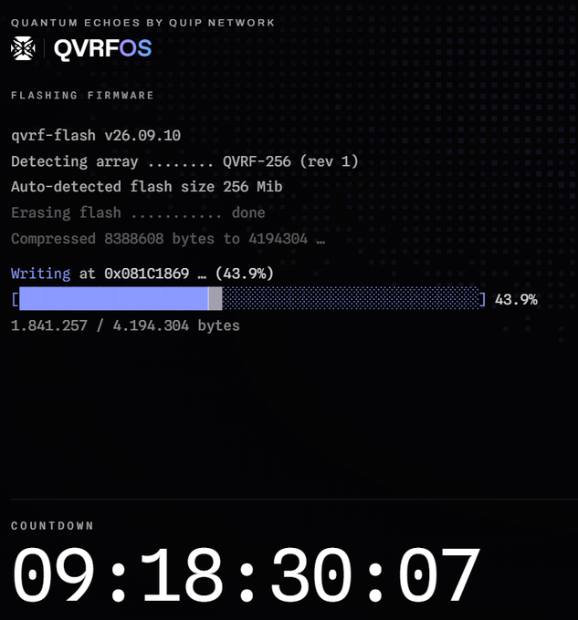 A terminal screen showing 'QUANTUM ECHOES BY QUN NETWORK' and 'QVRF OS' with firmware flashing progress at 43.9% on a QVRF-256 array, with a countdown timer displaying 09:18:30:07.
