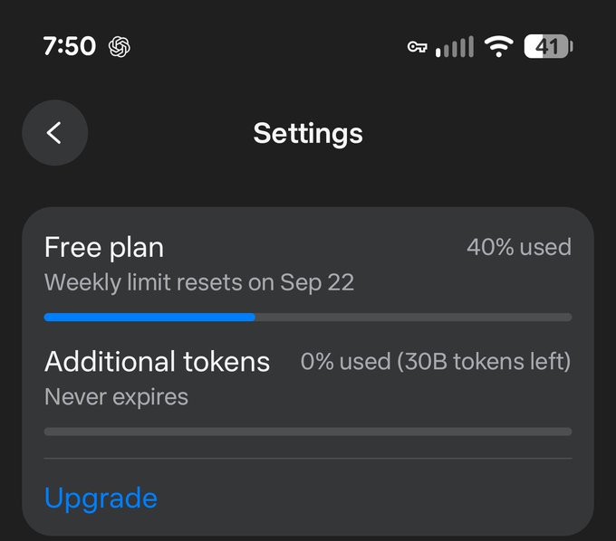 A smartphone screenshot of a 'Settings' page showing a 'Free plan' at '40% used' with a weekly limit resetting on Sep 22, and 'Additional tokens' at '0% used (30B tokens left)', featuring an 'Upgrade' button.
