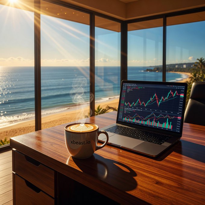 A scenic workspace with a laptop displaying a financial trading chart on a wooden desk next to a steaming coffee mug labeled 'xbeast.io', overlooking a sunny beach and ocean through floor-to-ceiling windows.