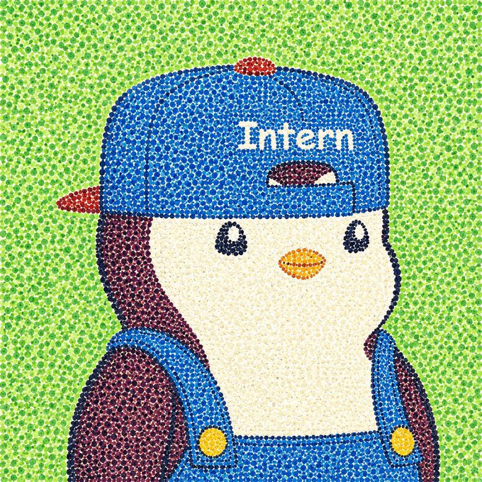 A pixel-art style image of a cute penguin wearing a backwards blue cap labeled 'Intern' and denim overalls.