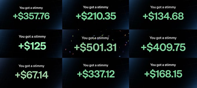 Nine screens display various monetary amounts won, each with the text 'You got a stimmy' above dollar amounts ranging from +$67.14 to +$501.31.